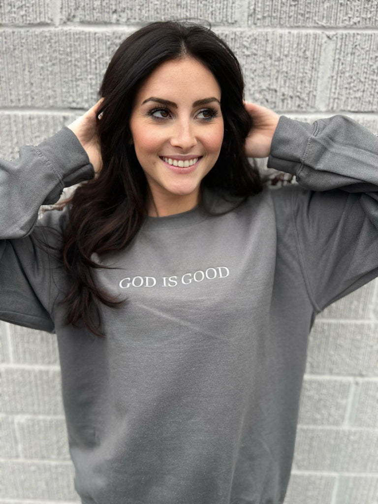 God Is Good Embroidered Sweatshirt- ASK Apparel LLC