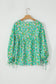 Green Abstract Printed Lace-up Lantern Sleeve Babydoll Blouse