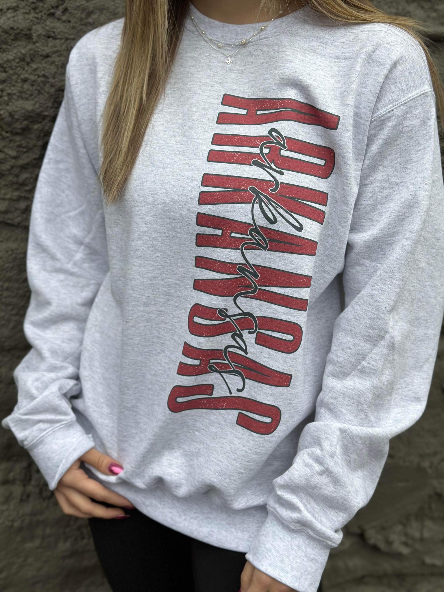 Distressed Vertical Print Arkansas Sweatshirt-ask apparel LLC