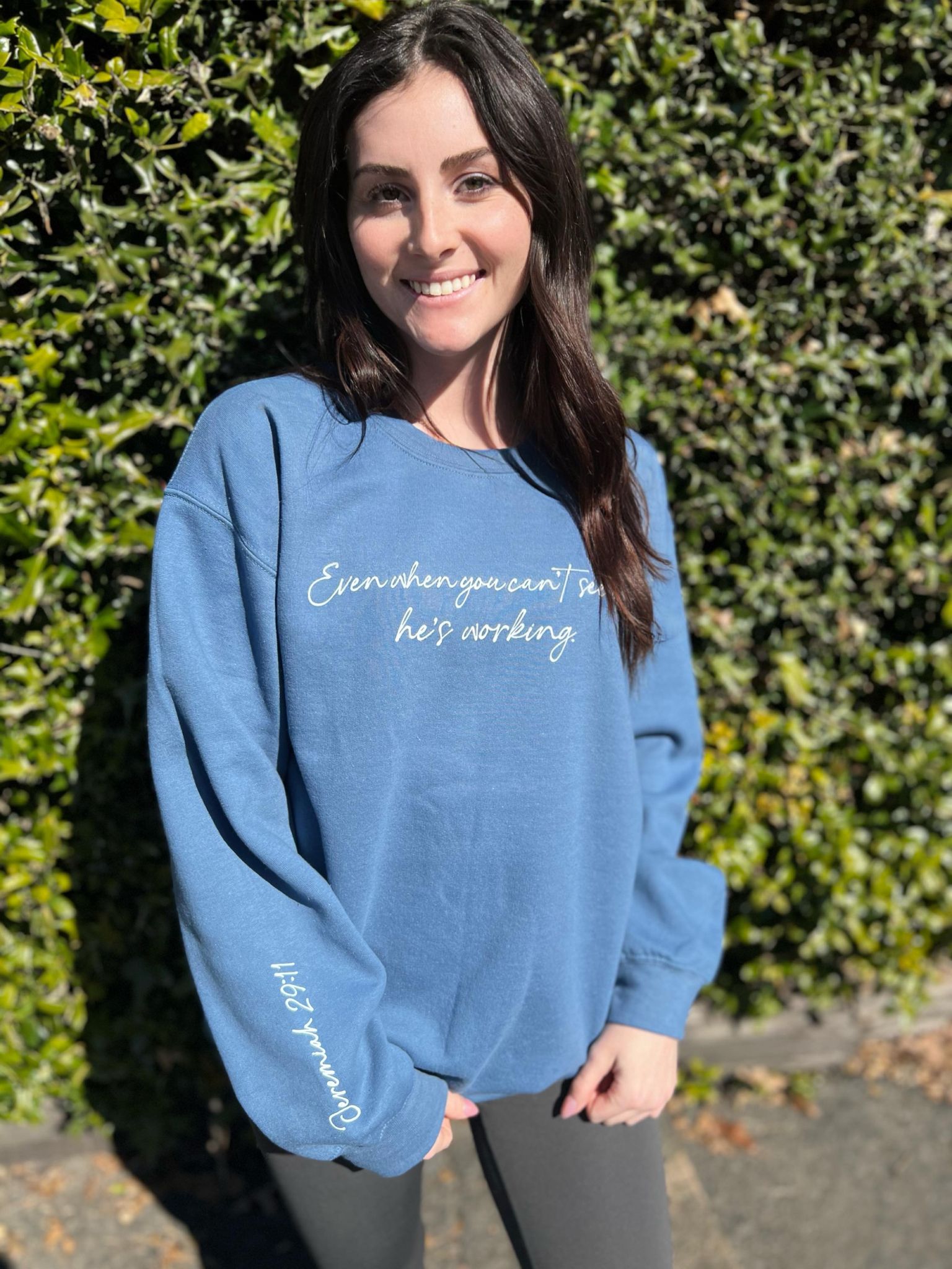 He's Working Blue Sweatshirt- ASK Apparel LLC