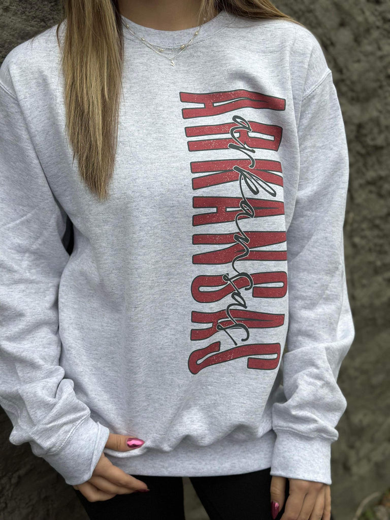 Distressed Vertical Print Arkansas Sweatshirt-ask apparel LLC