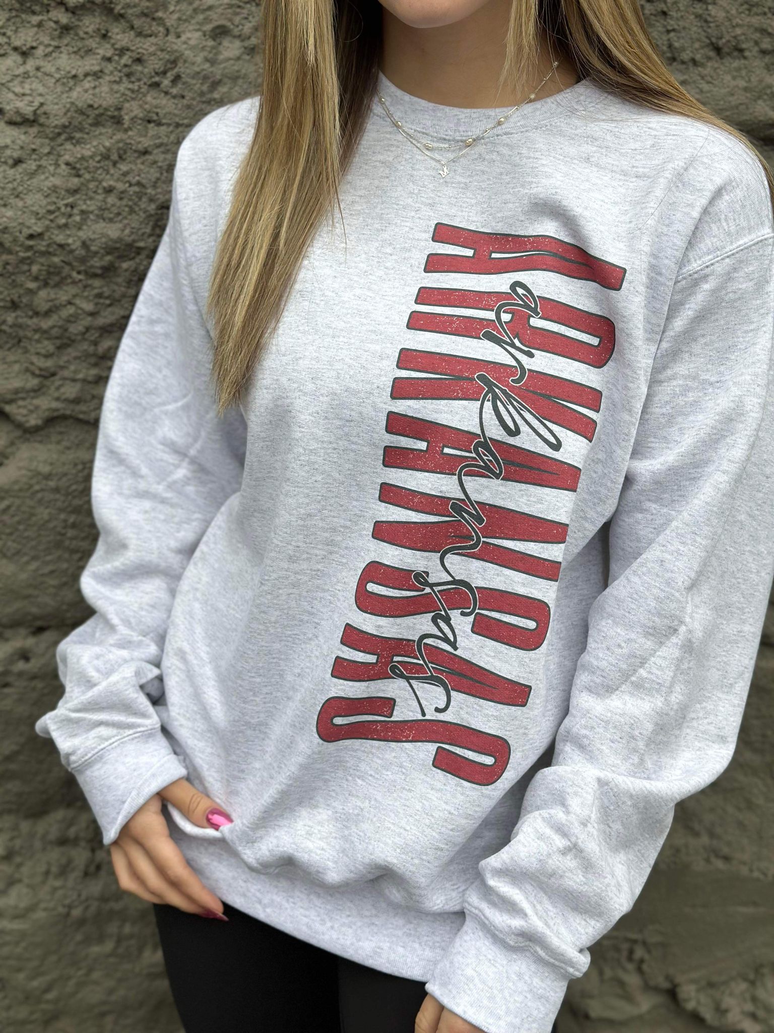 Distressed Vertical Print Arkansas Sweatshirt-ask apparel LLC