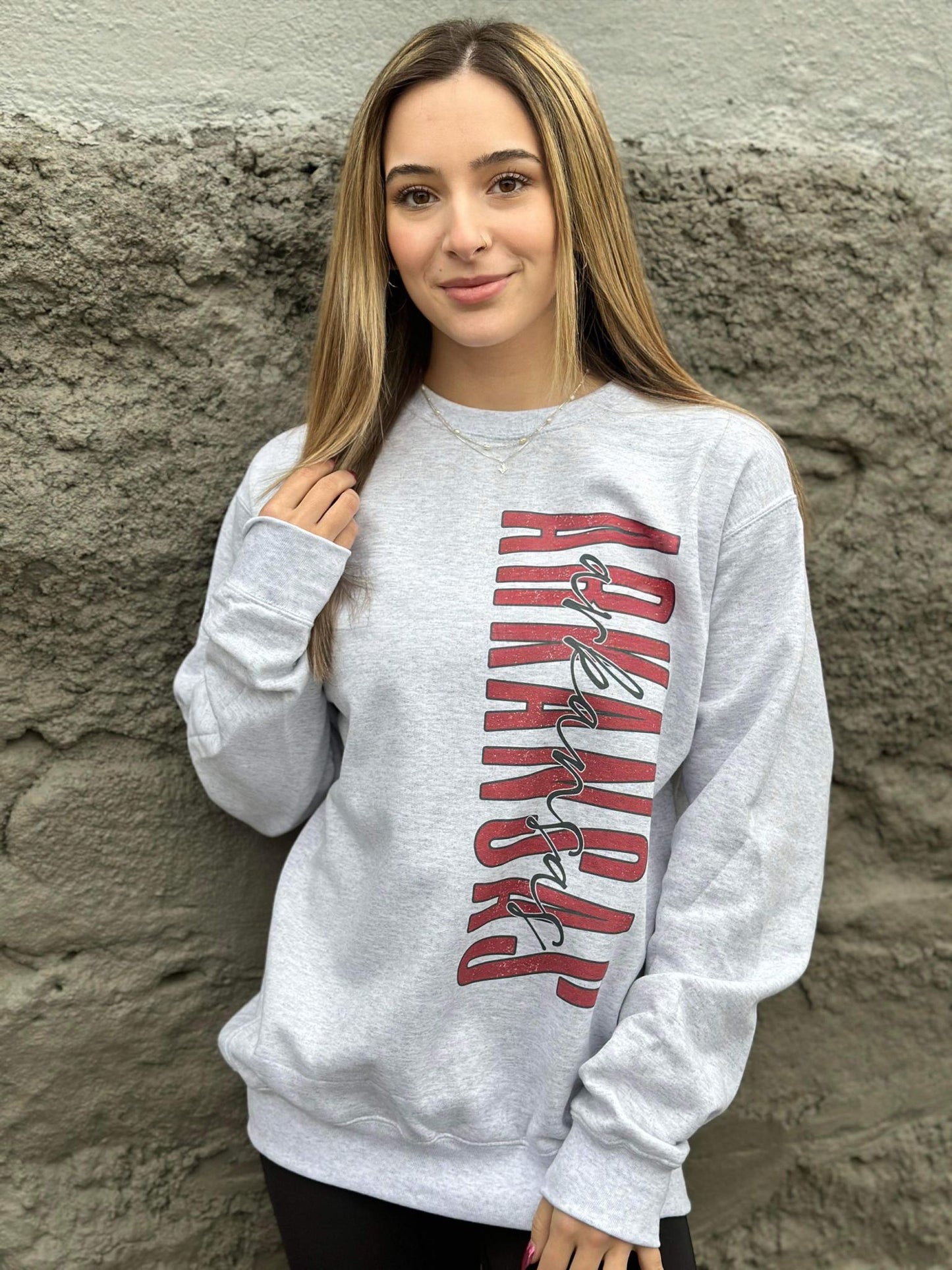 Distressed Vertical Print Arkansas Sweatshirt-ask apparel LLC