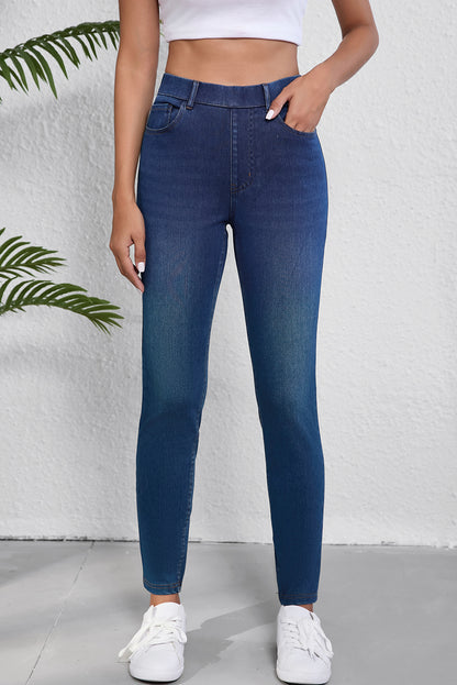 Ashleigh Blue Multiple Pockets Straight Leg Washed Stretchy Knit Casual Jeans