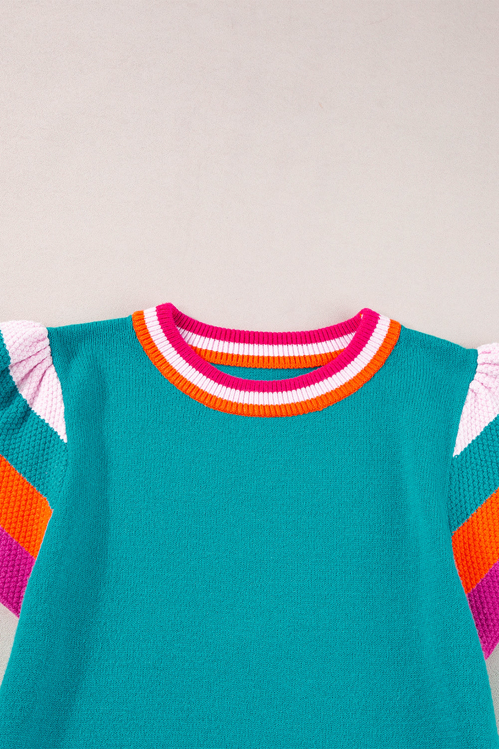 Turquoise Contrast Flutter Sleeves Knitted Sweater T Shirt