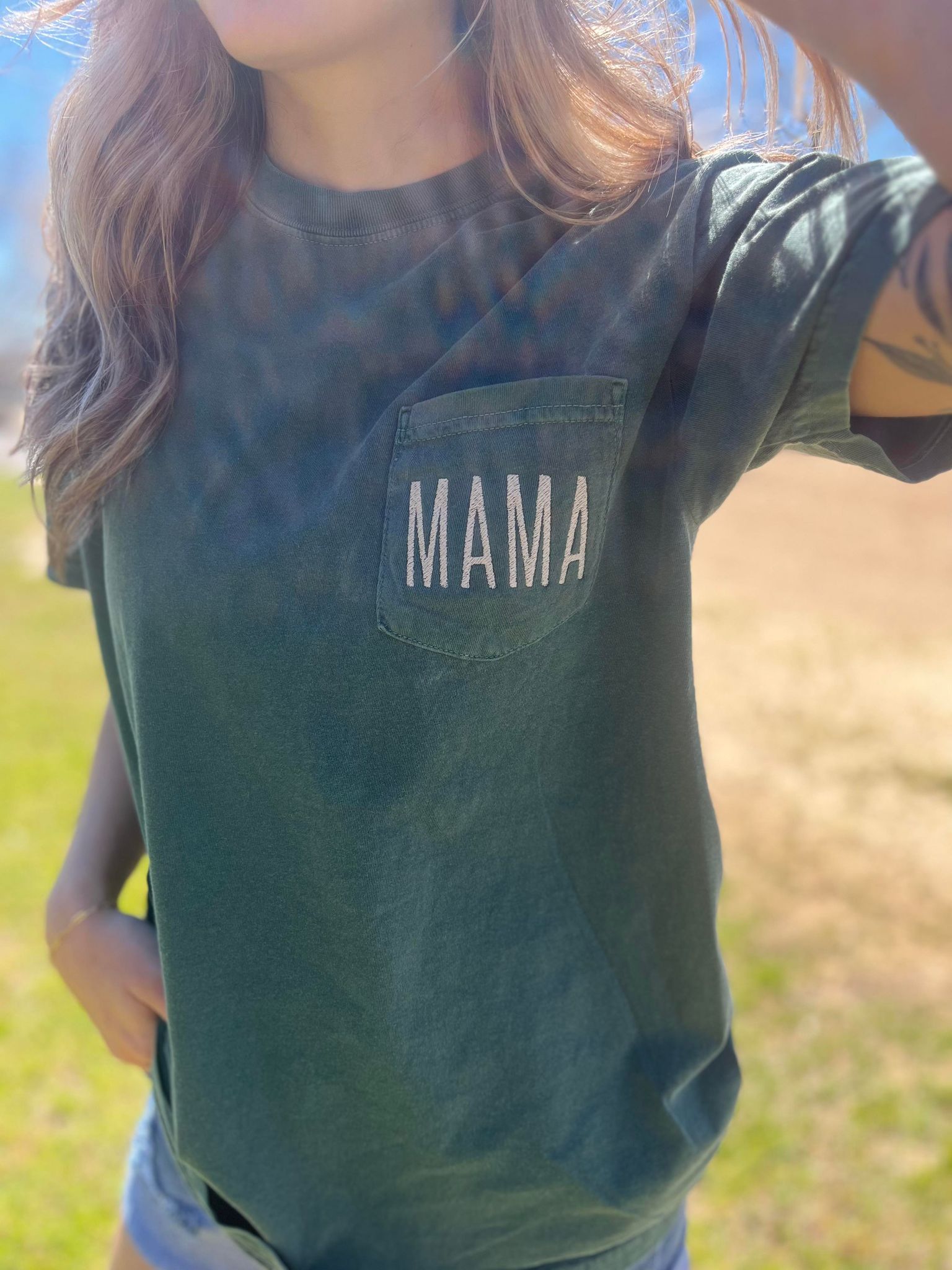 Mama Embroidered Pocket Tee- ASK Apparel LLC