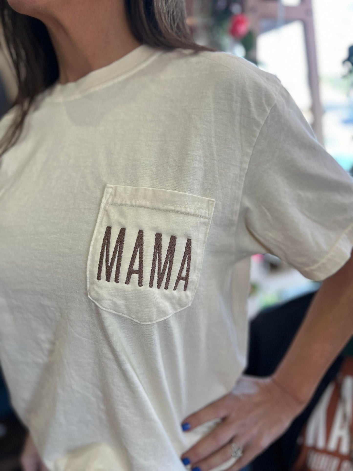 Mama Embroidered Pocket Tee- ASK Apparel LLC