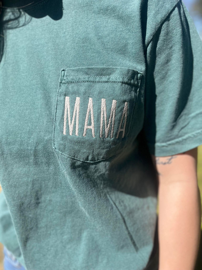 Mama Embroidered Pocket Tee- ASK Apparel LLC