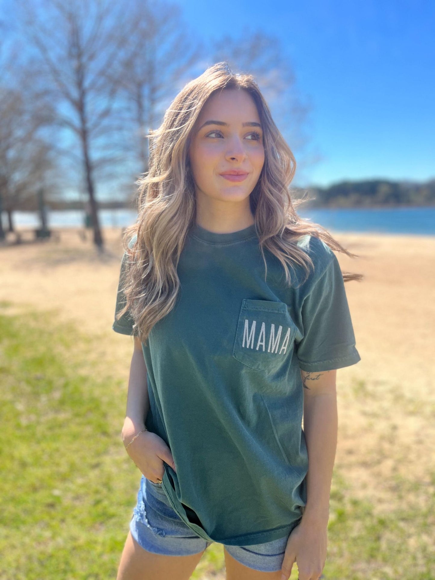 Mama Embroidered Pocket Tee- ASK Apparel LLC