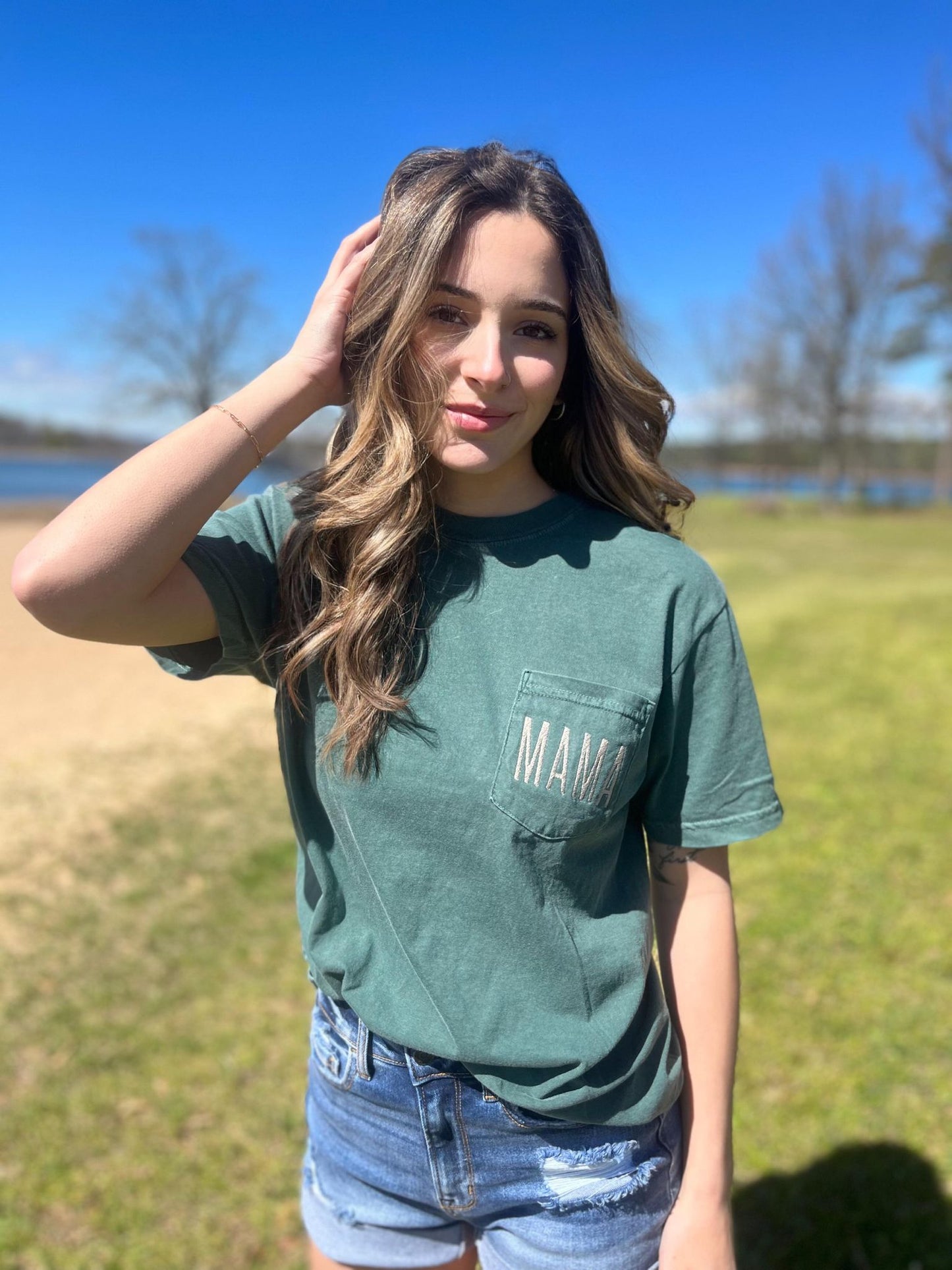 Mama Embroidered Pocket Tee- ASK Apparel LLC