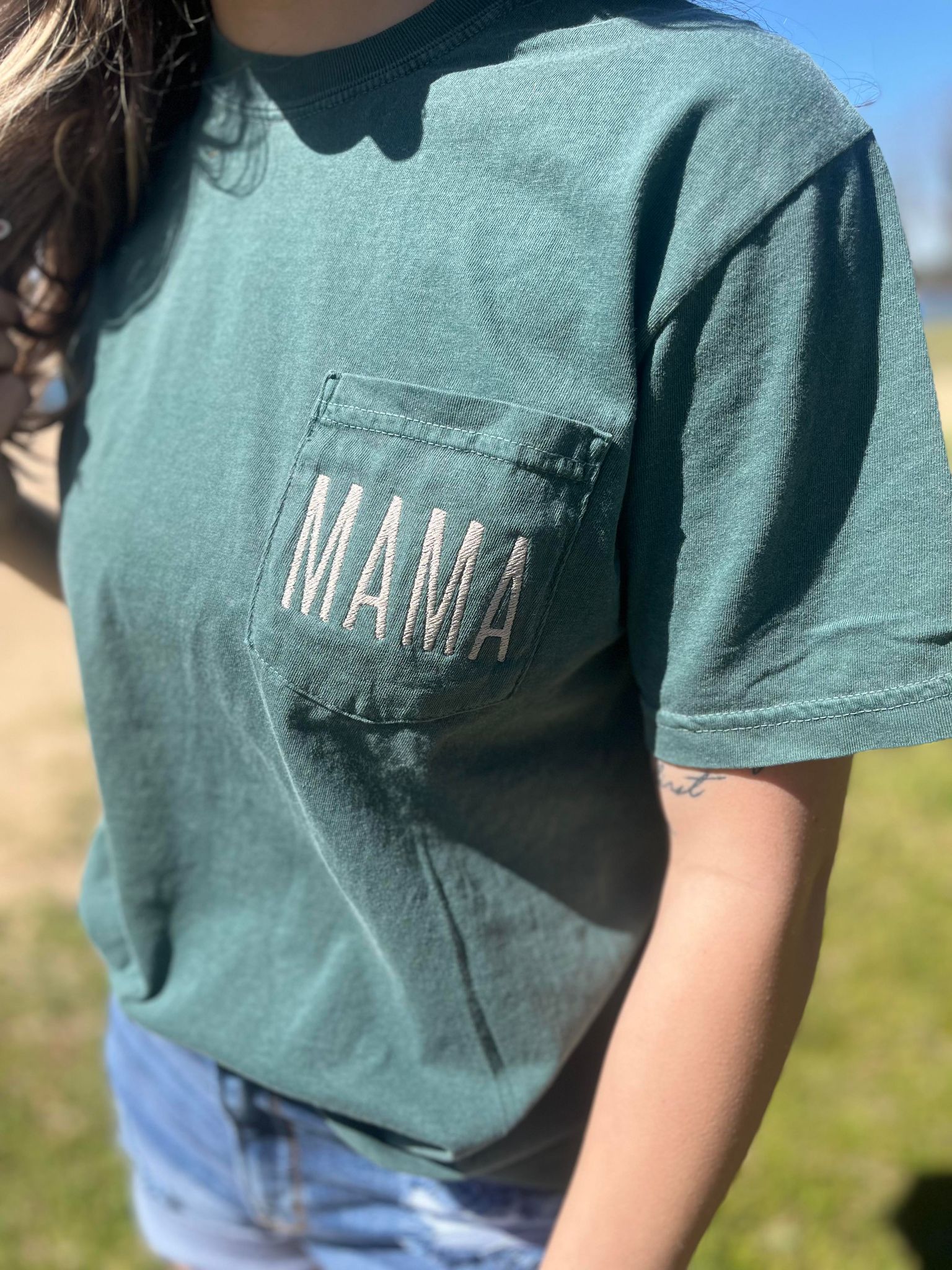 Mama Embroidered Pocket Tee- ASK Apparel LLC