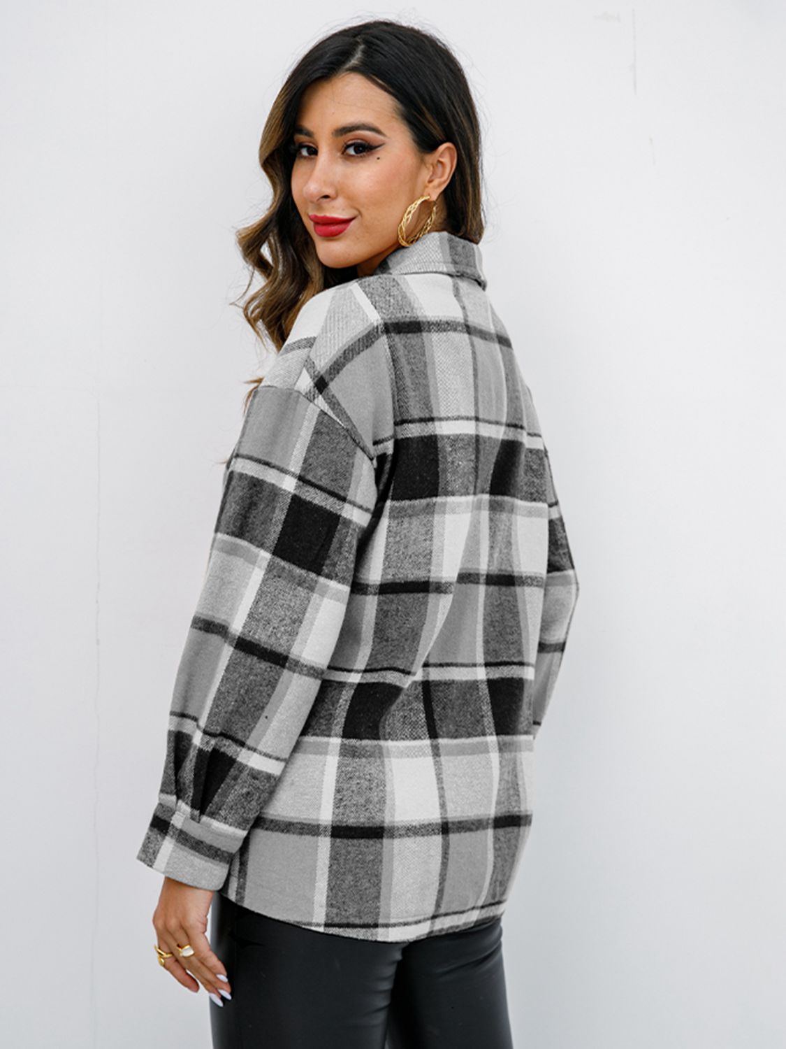 Shiny Plaid Button Up Collared Neck Jacket