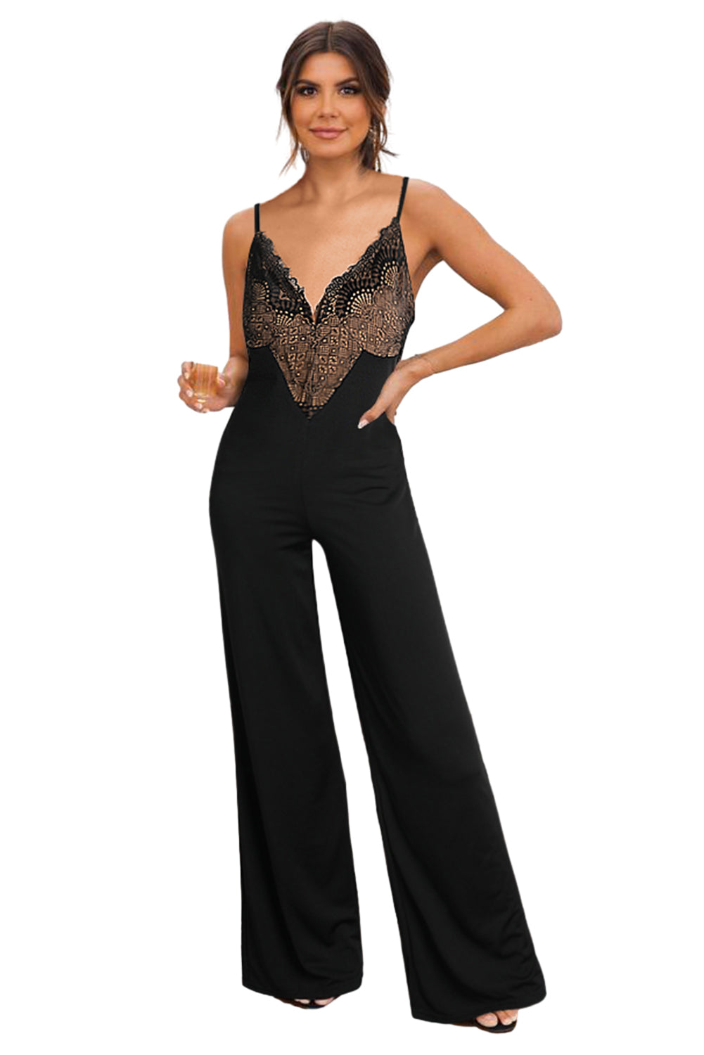 Black Lace V Neck Bodice Spaghetti Straps Wide Leg Jumpsuit