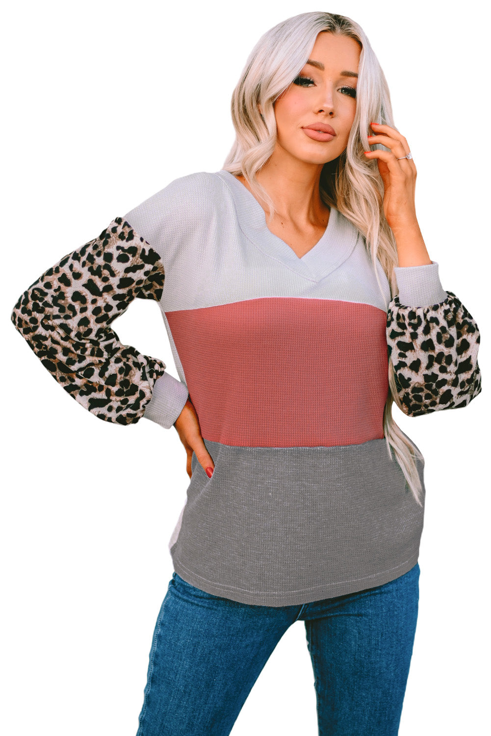 Fiery Red Wild Leopard Contrast Sleeve Colorblock Waffle Knit Top