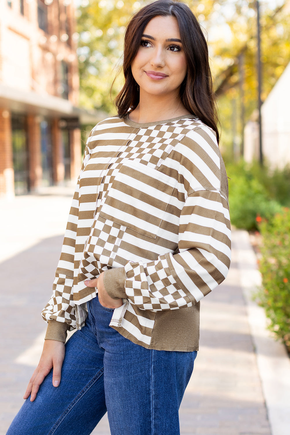 Khaki Checkerboard Striped Patchwork Lantern Sleeve Pocketed Blouse