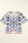 White Abstract Printed Notched V Neck Split Half Sleeve Blouse