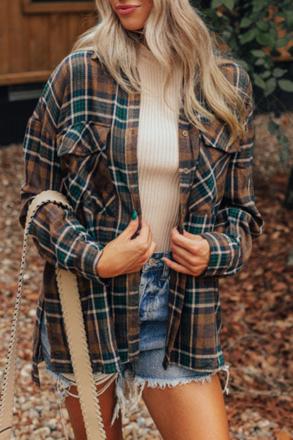 Brown Plaid Print Chest Pockets Buttoned Shirt Jacket