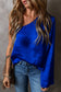 Dark Blue Asymmetric One Shoulder Bell Sleeve Satin Blouse