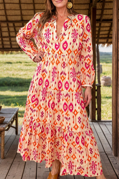 Tiered Printed Notched Long Sleeve Midi Dress