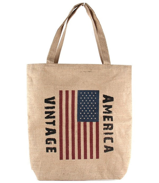 Vintage American Flag Straw Tote Bag
