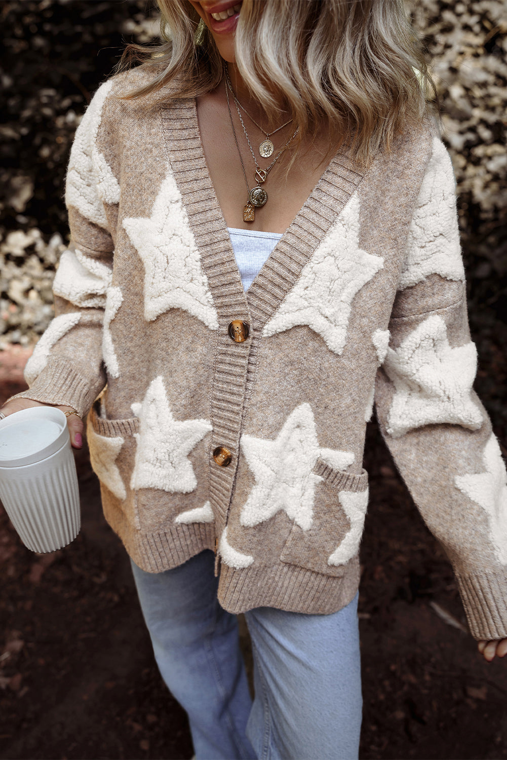 Khaki Sherpa Star Pattern Textured Sweater Cardigan with Pockets