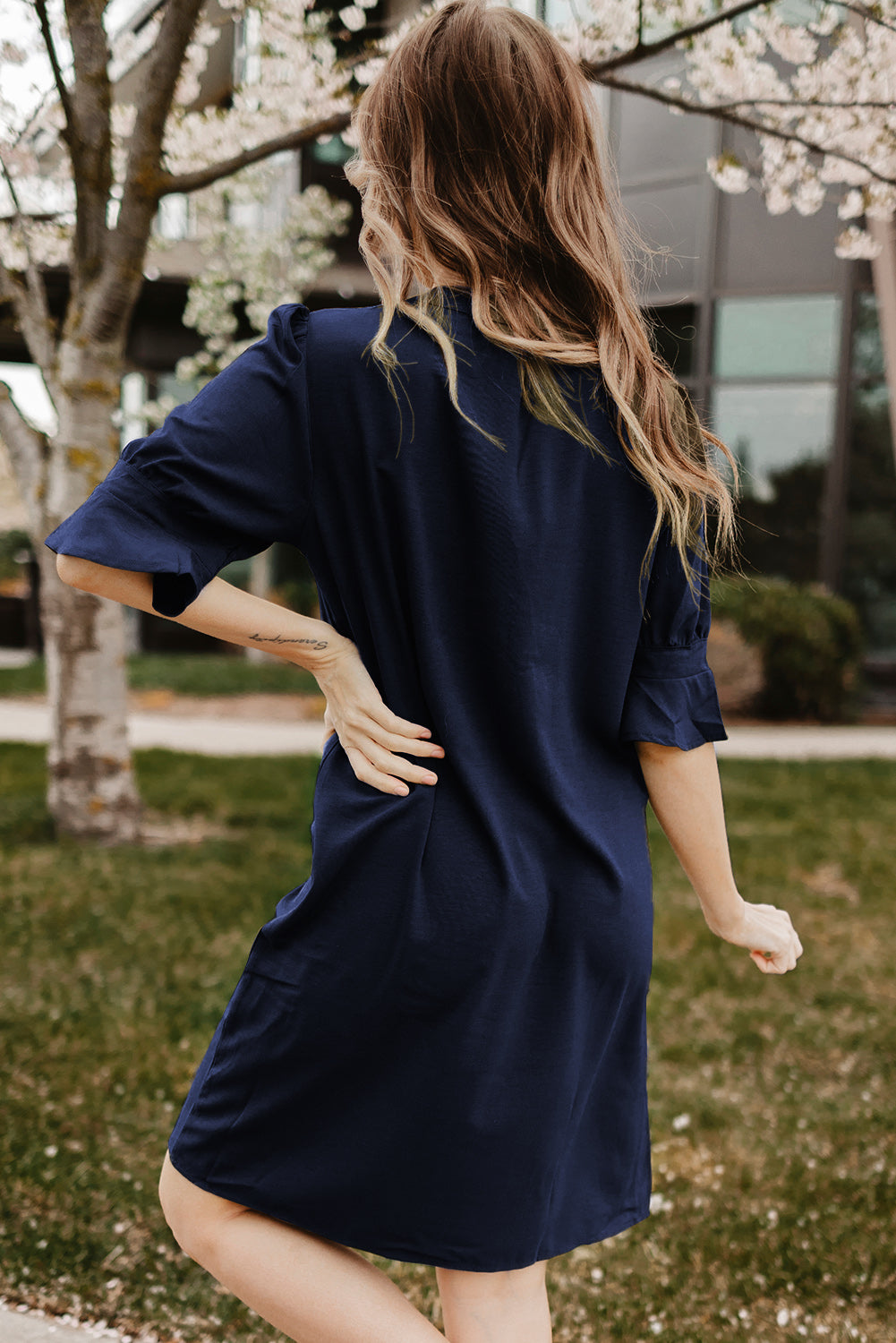 Blue Ruffled Sleeve Shift Dress