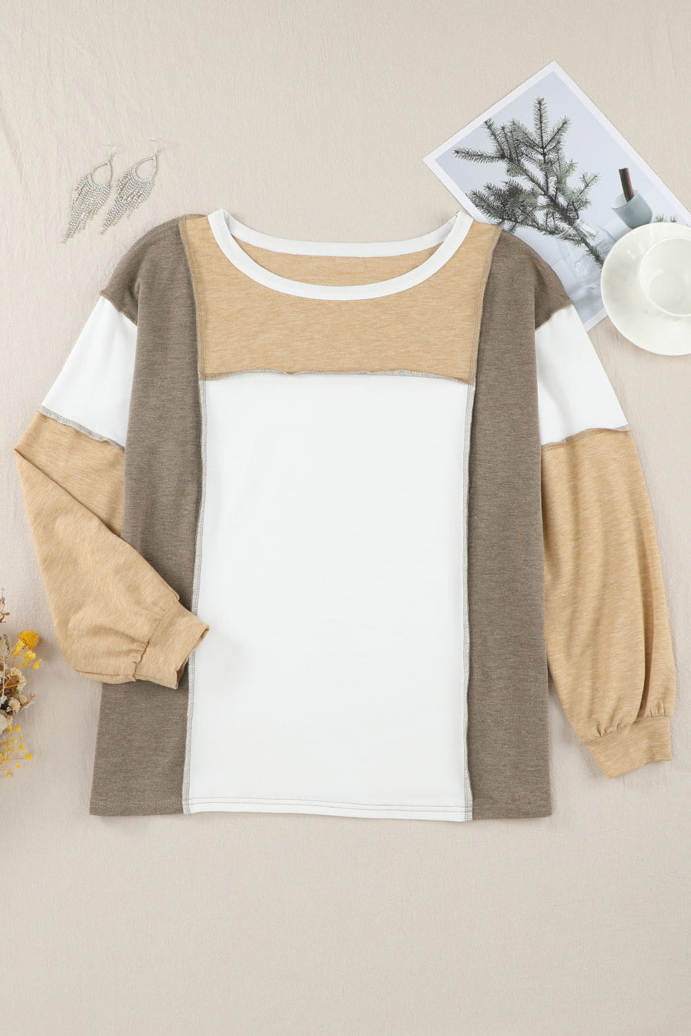 Khaki Exposed Seam Color Block Patchwork Top