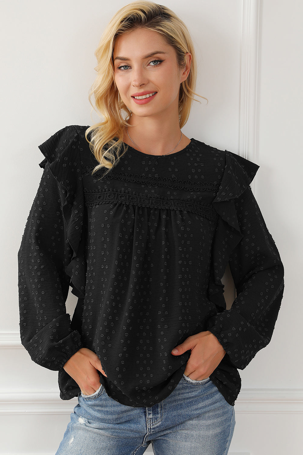 Black Lace Eyelet Ruffle Shoulder Long Sleeve Blouse