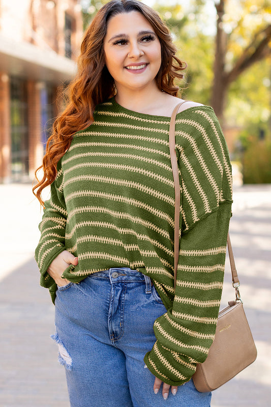 Green Stripe Drop Shoulder Casual Sweater