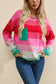 Rose Striped Knit Patch Pocket Drop Shoulder Sweater