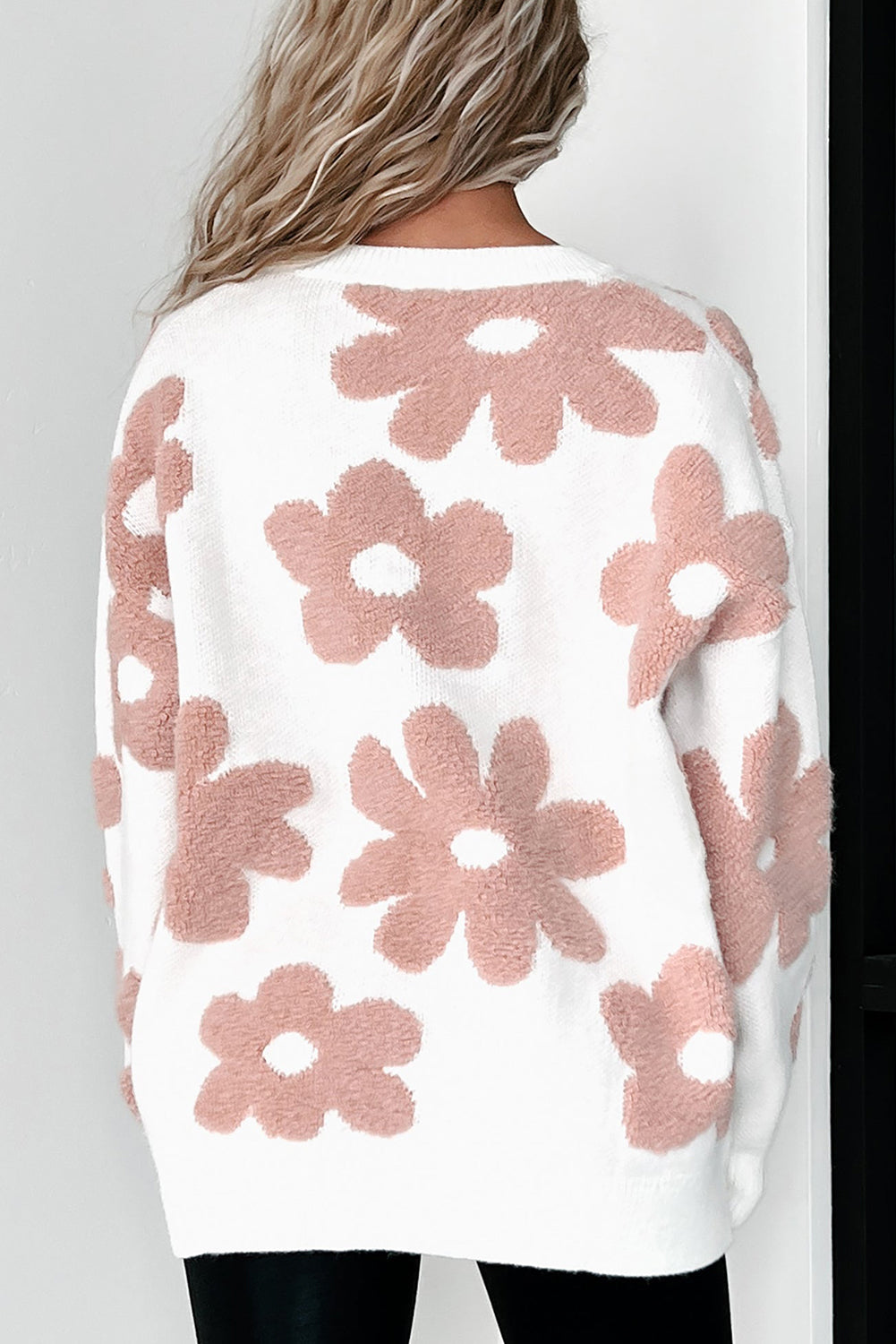 White Textured Flower Drop Shoulder Loose Sweater