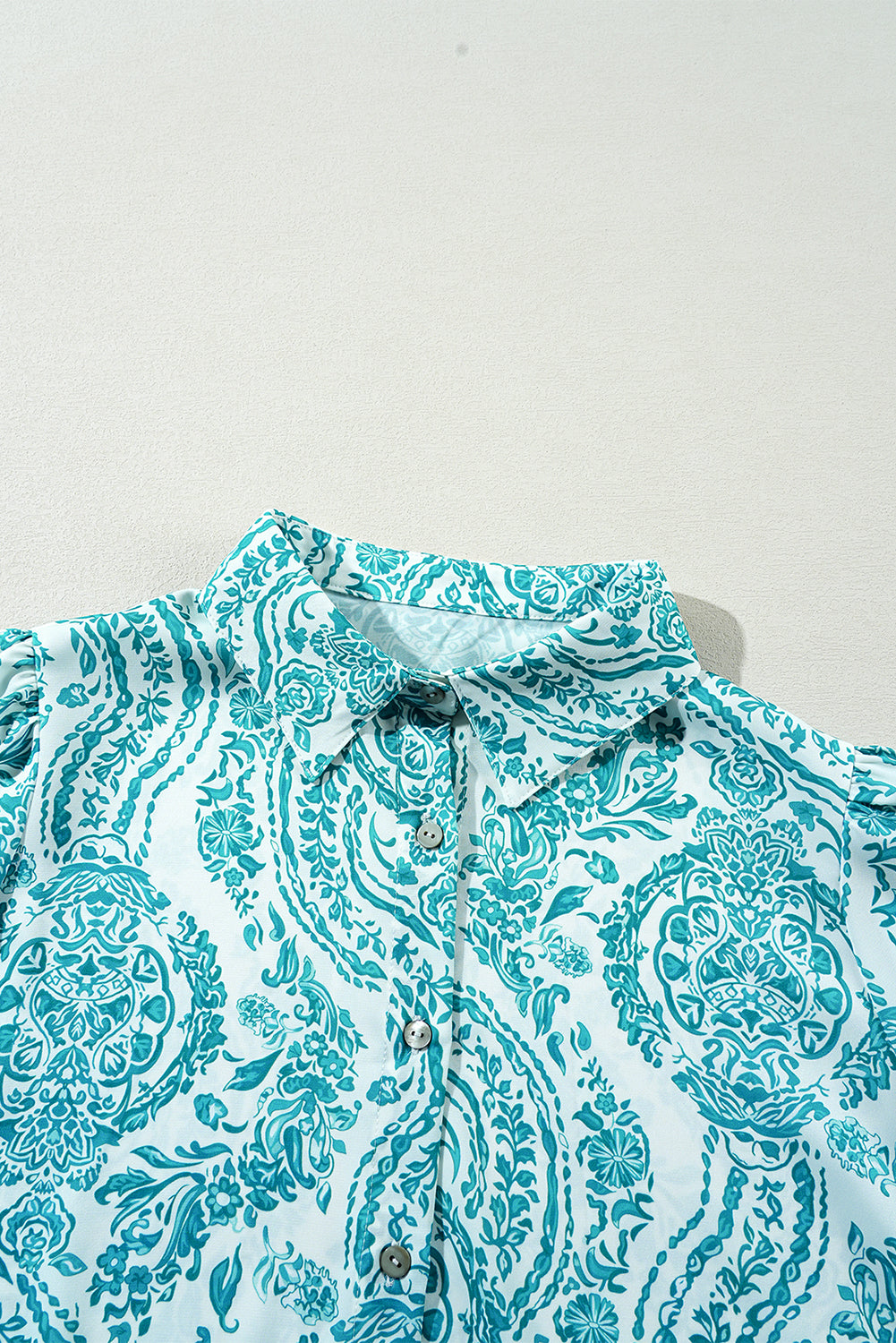 Green Paisley Print Smocked Cuff Buttoned Loose Shirt