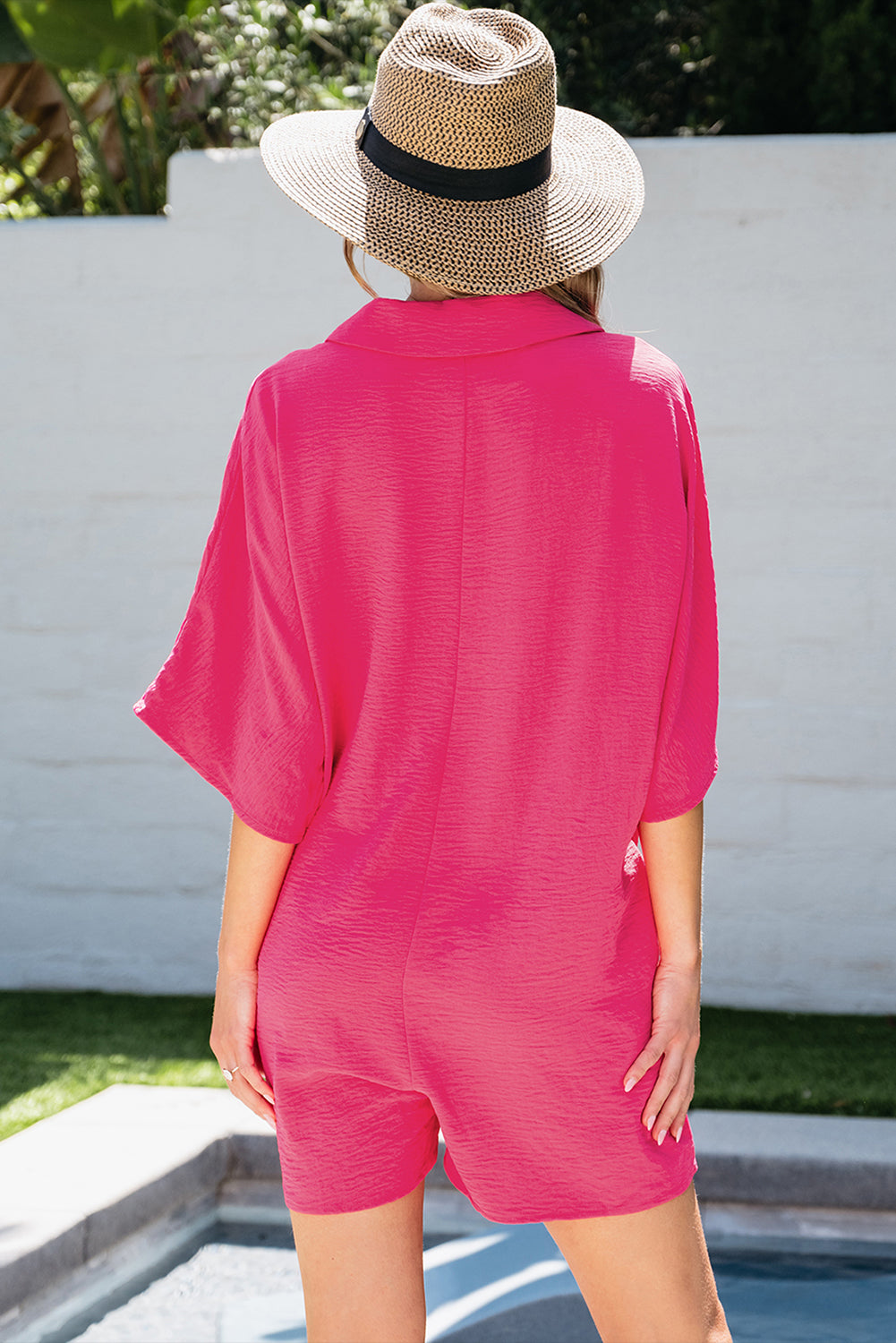 Bright Pink Half Button Collared Loose Romper