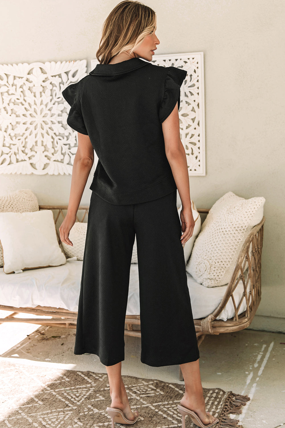 Black Textured Flutter Sleeve Top Wide Leg Pants Set