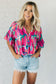 Rose Abstract Brushwork Print Buttoned V Neck Blouse