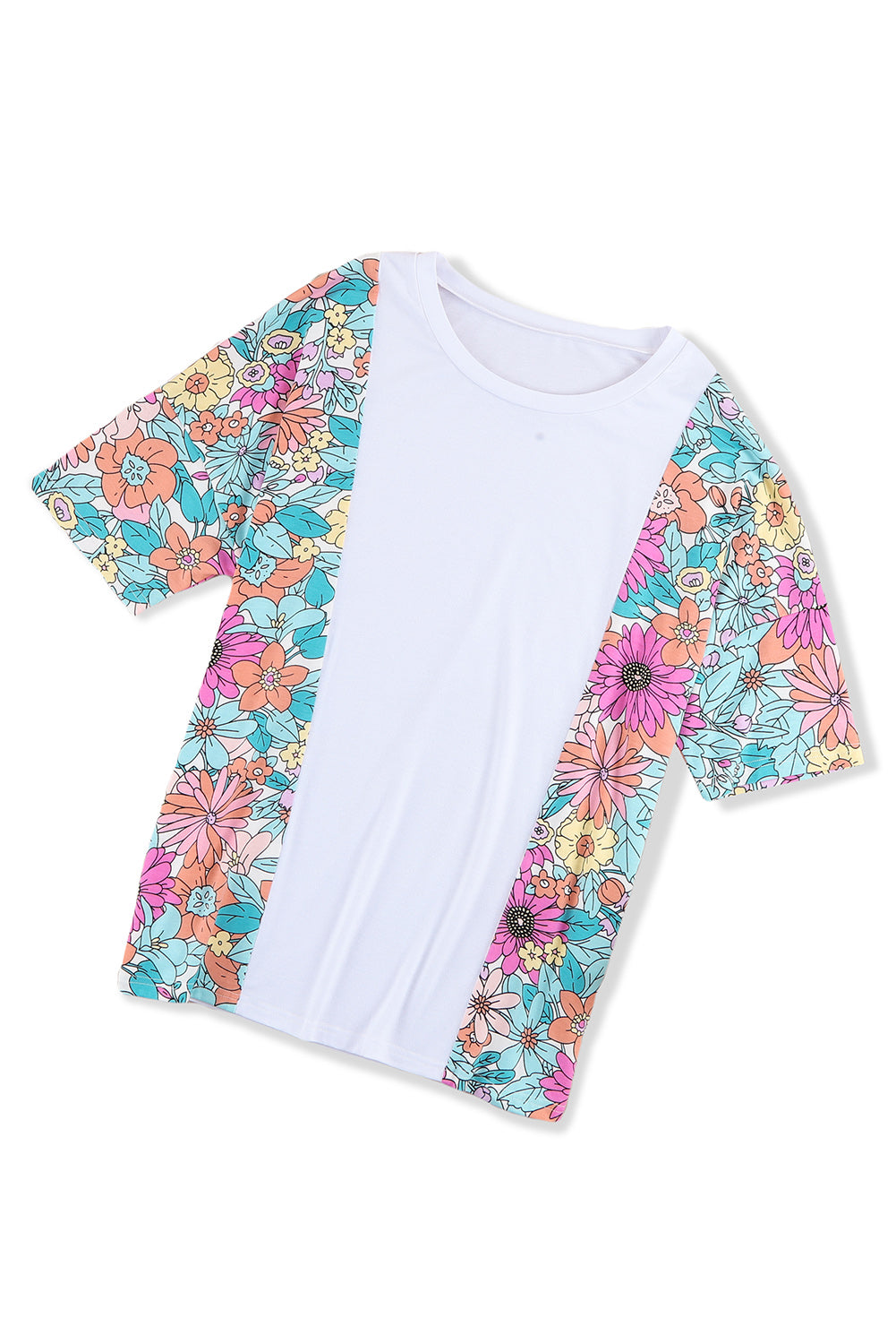 White Floral Print Patchwork Short Sleeve Top