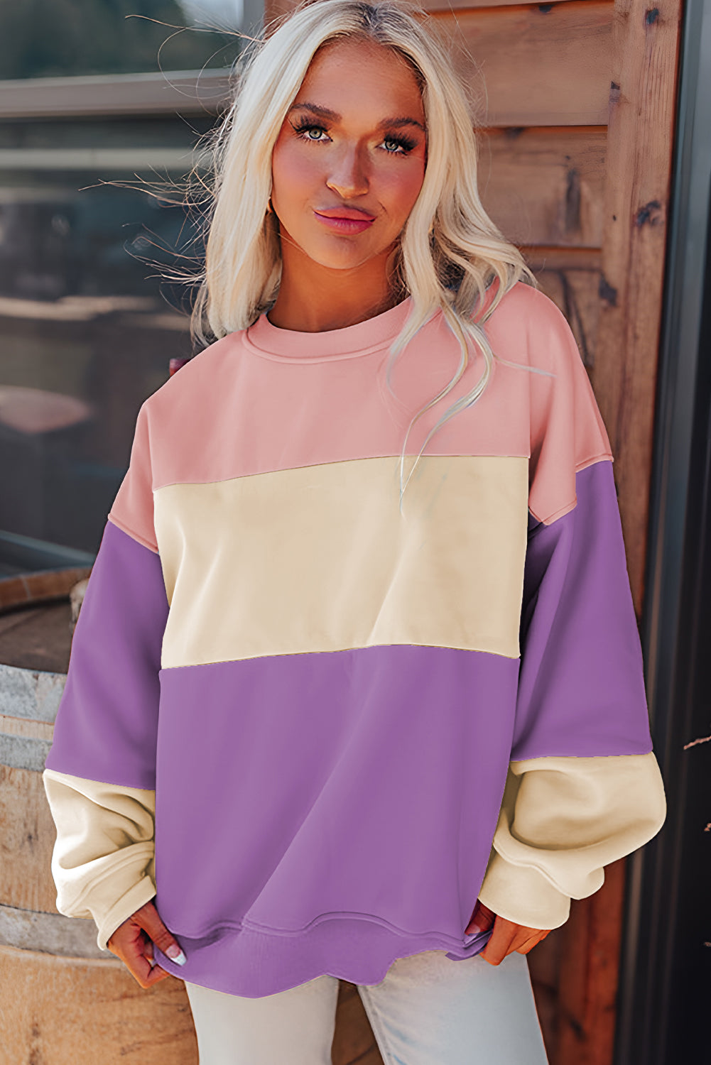 Meadow Mauve Colorblock Patchwork Drop Shoulder Sweatshirt