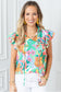 Green Frilly Ruffle Tie Split Neck Summer Floral Blouse