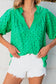 Green Flower Embroidered Hollow-out Puff Sleeve Blouse