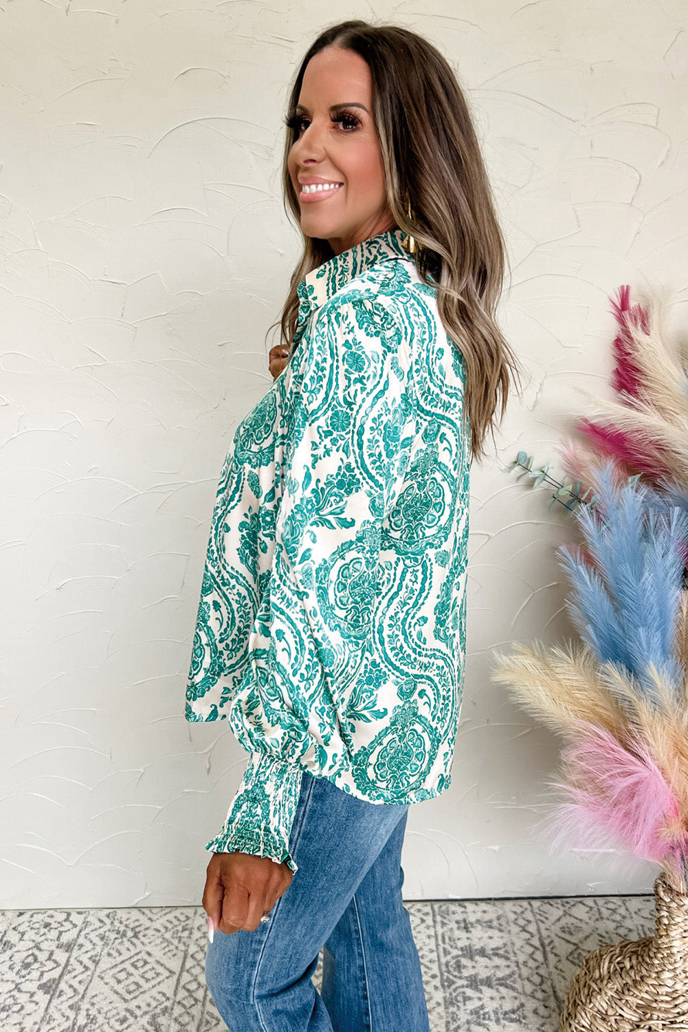 Green Paisley Print Smocked Cuff Buttoned Loose Shirt