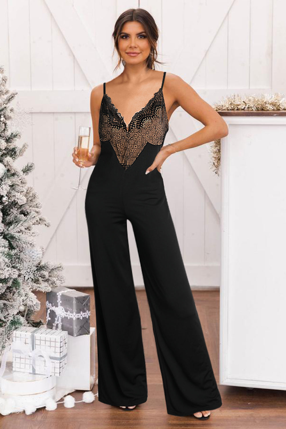 Black Lace V Neck Bodice Spaghetti Straps Wide Leg Jumpsuit