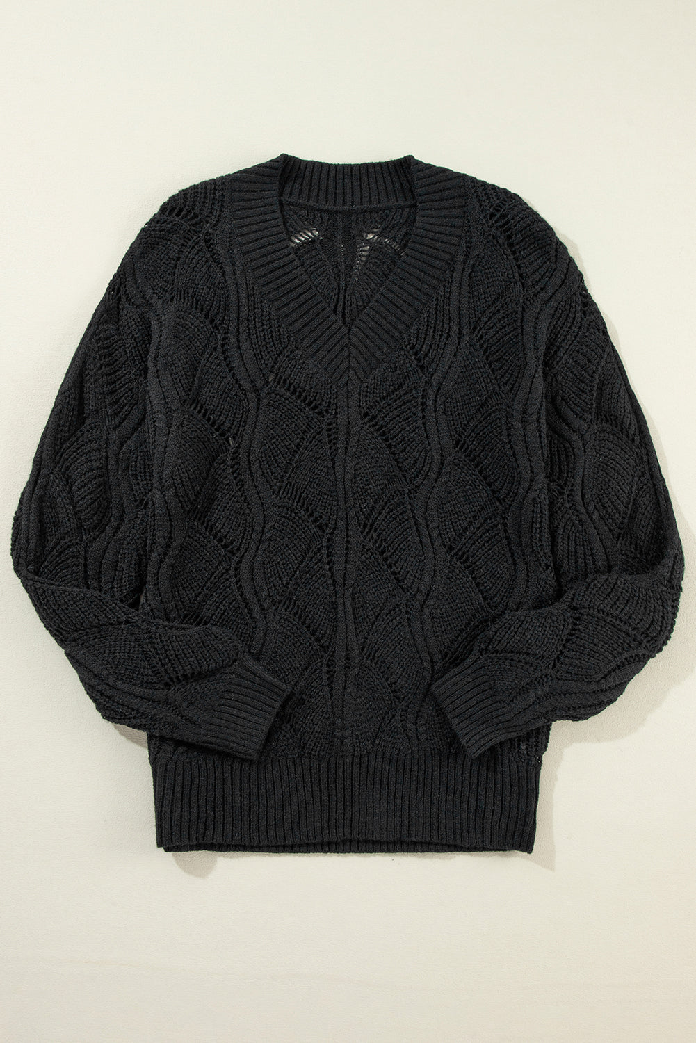 Black Hollow Out Knit V Neck Drop Shoulder Sweater