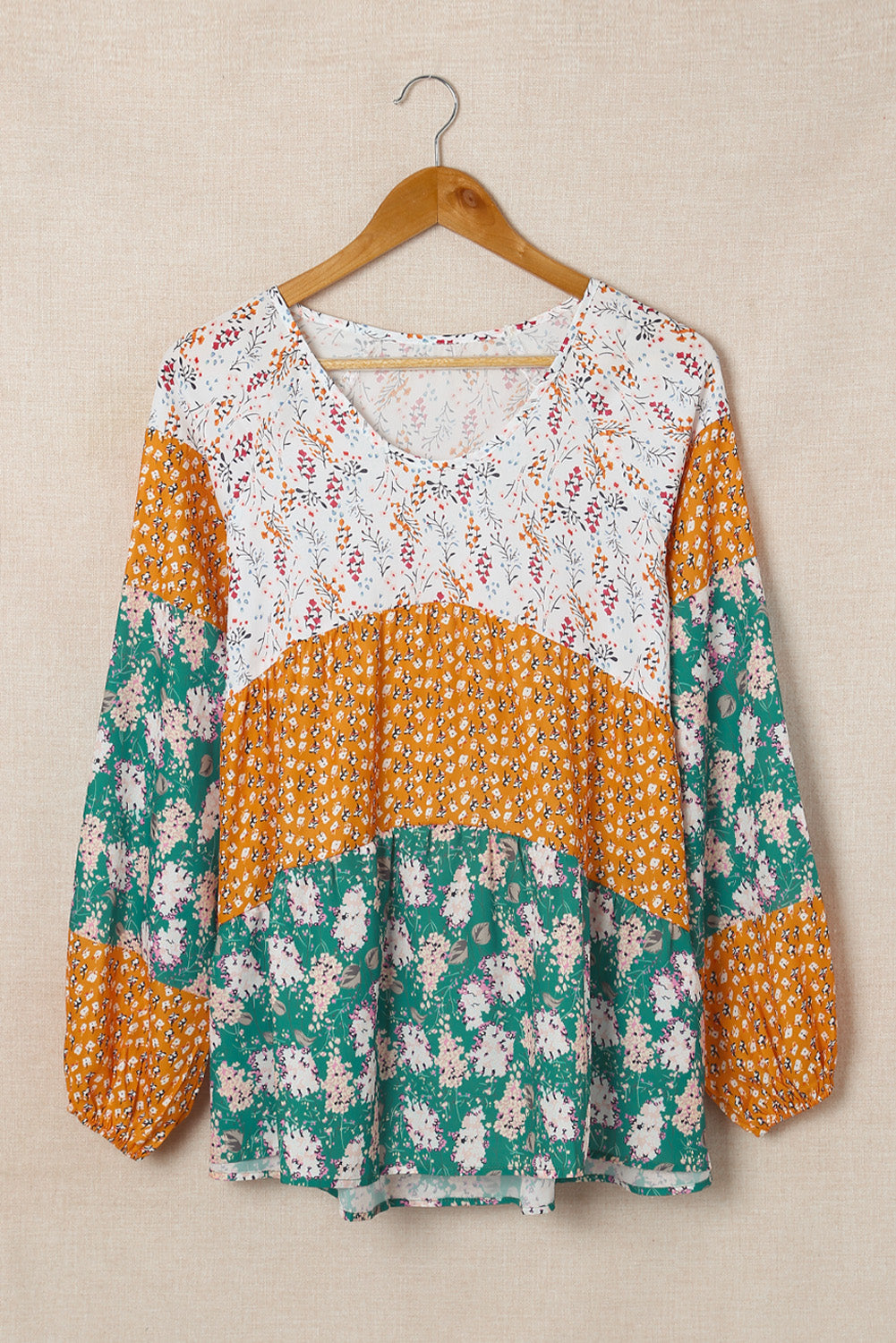 Green Color Block Floral Print Loose Blouse