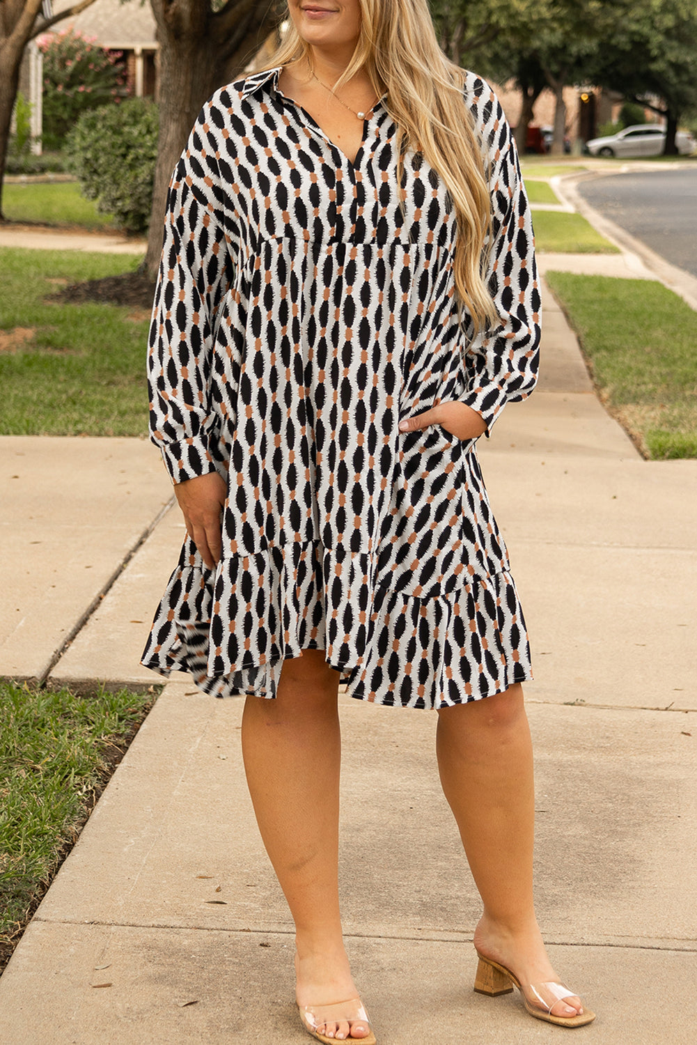 Apricot Geometric Print Collared V Neck Plus Size Mini Dress