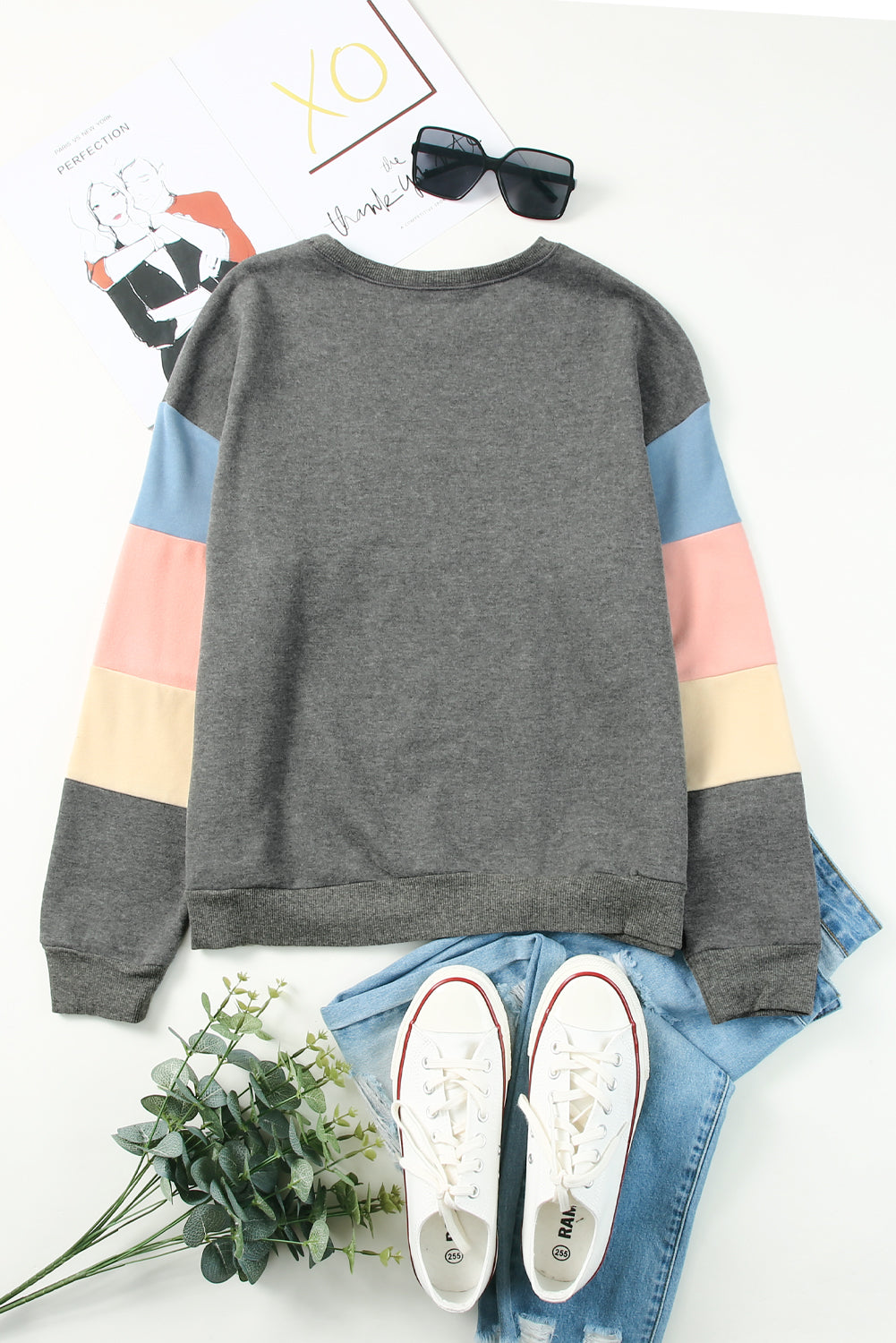 Gray Colorblock Long Sleeve Pullover Sweatshirt