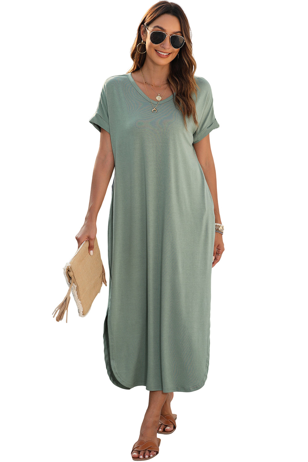 Grass Green V Neck Hidden Pocket Splits Maxi T-shirt Dress