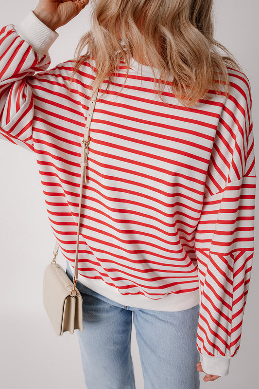 Orange Stripe Drop Shoulder Crew Neck Loose Sweatshirt