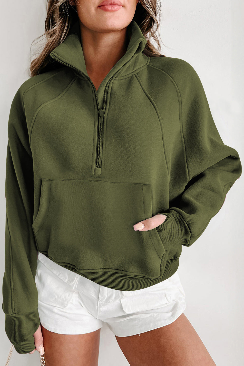 Green Fleece Lined Zip Up Stand Collar Thumbhole Sleeve Sweatshirt