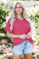 Bright Pink Textured Rolled Sleeve V Neck Tee