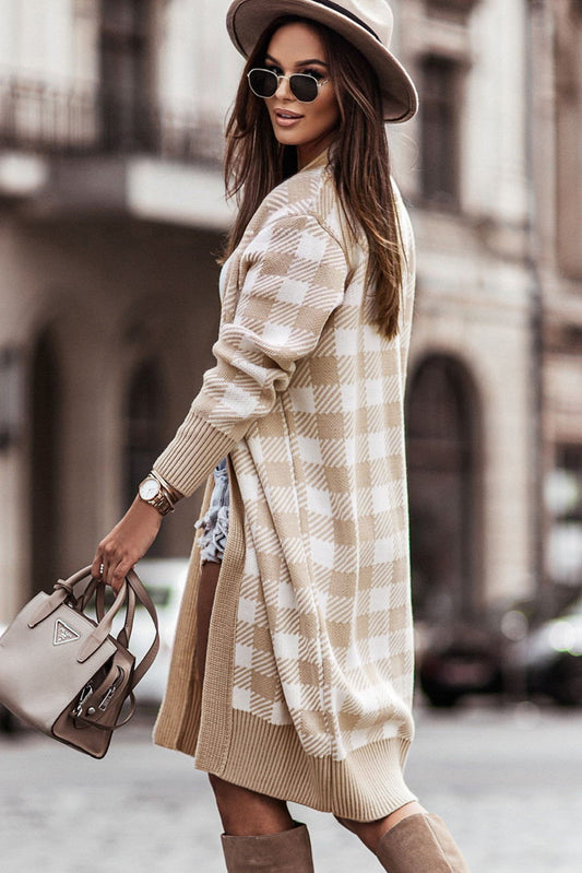 Khaki Open Front Plaid Long Cardigan